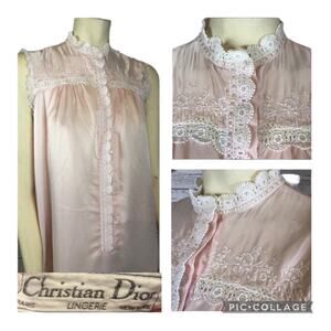Vintage Christian Dior pink, white eyelet trim sleeveless nightgown size small